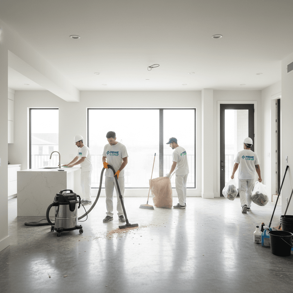 Equipa de limpeza profissional a remover detritos pós-obra