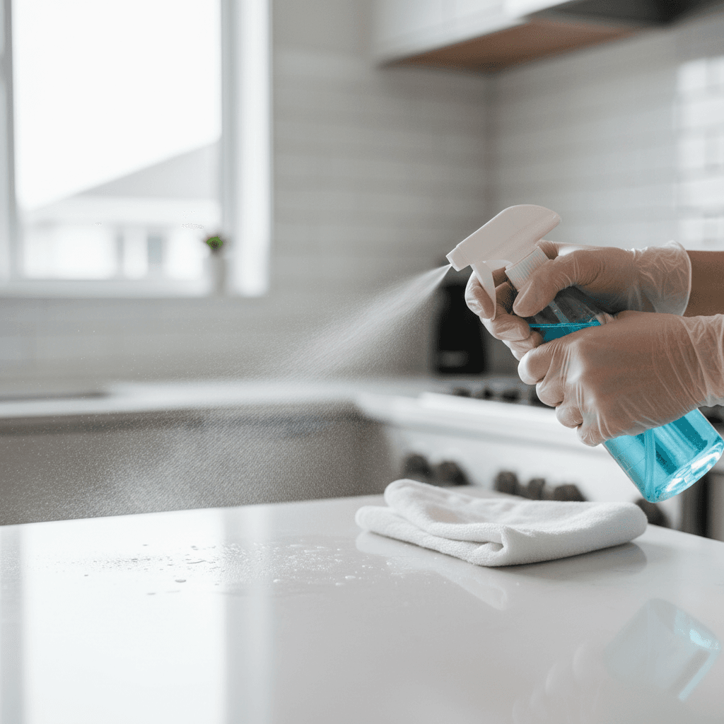 Professional gloved hands spraying eco-friendly disinfectant on a home surface in natural light, demonstrating medical-grade sanitation technique